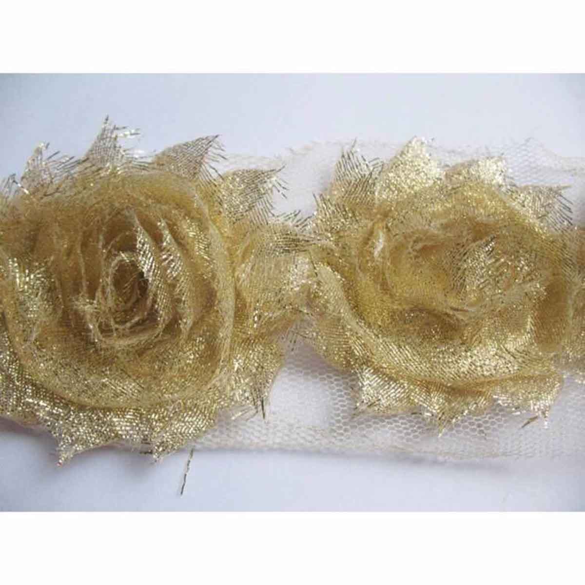 7 YARD Glitter Shabby Chiffon Flower 2.5″- Gold