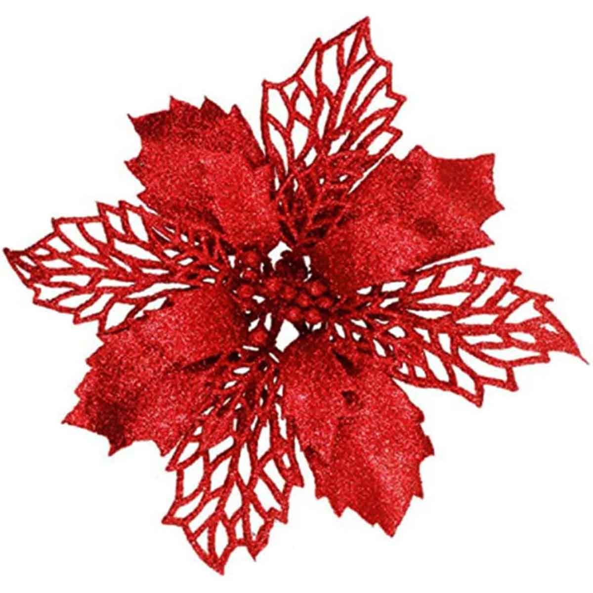 12pcs Glitter Poinsettia Flowers 6“- Red