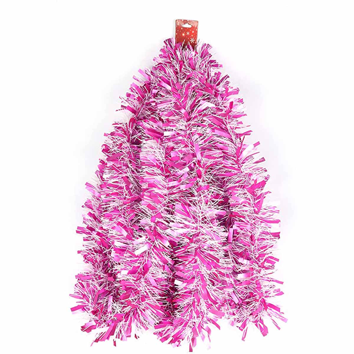 10 Yards Two-Color Metallic Tinsel Twist Garland 3" - Hot Pink/White