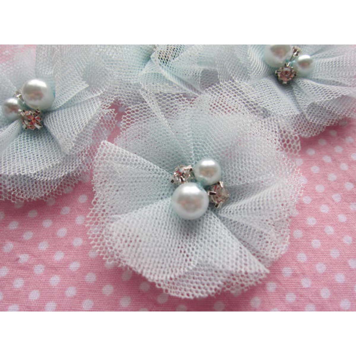 20 Tulle Mesh Flower w/Pearl Rhinestone 2" D007 - Mint