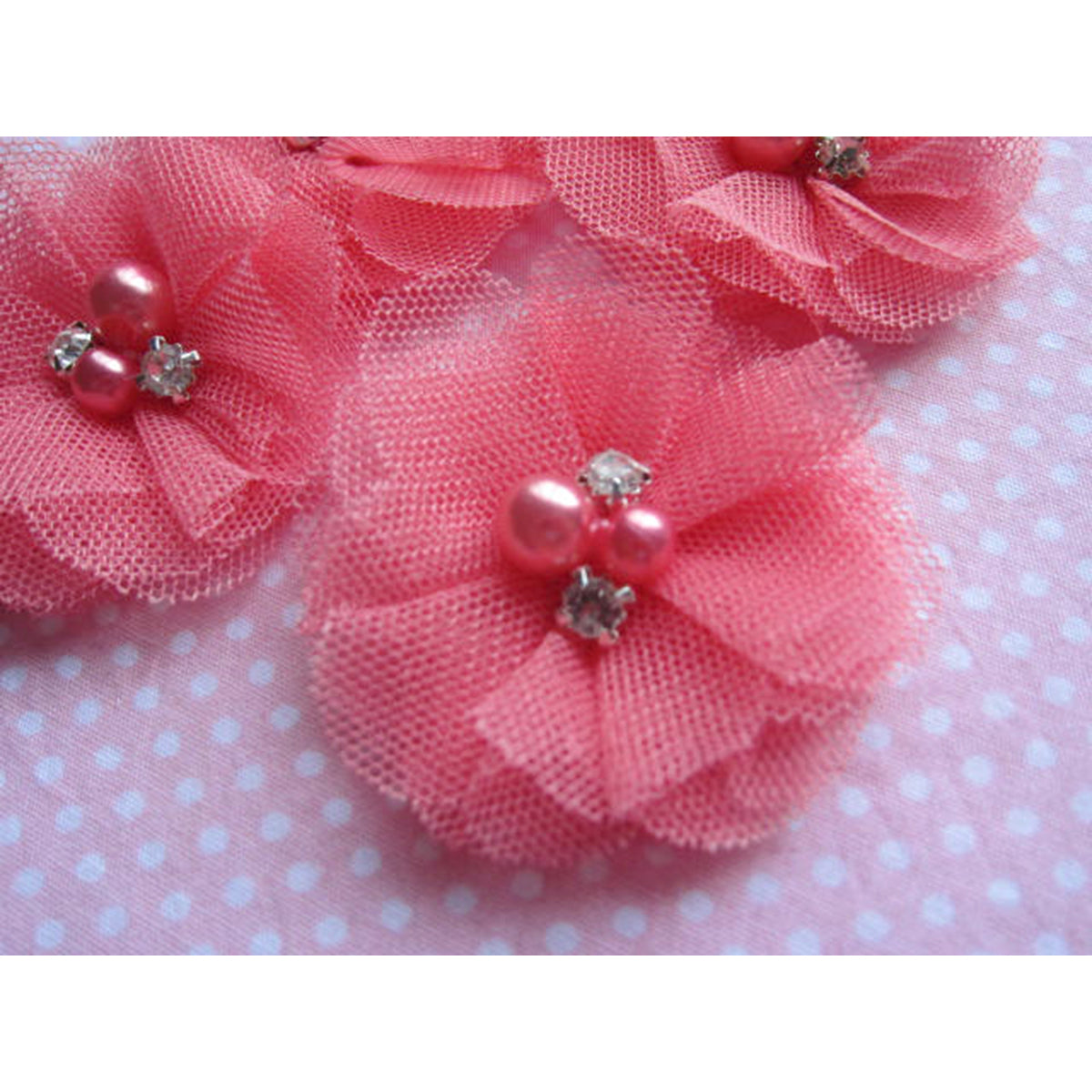20 Tulle Mesh Flower w/Pearl Rhinestone 2" D007 - Coral