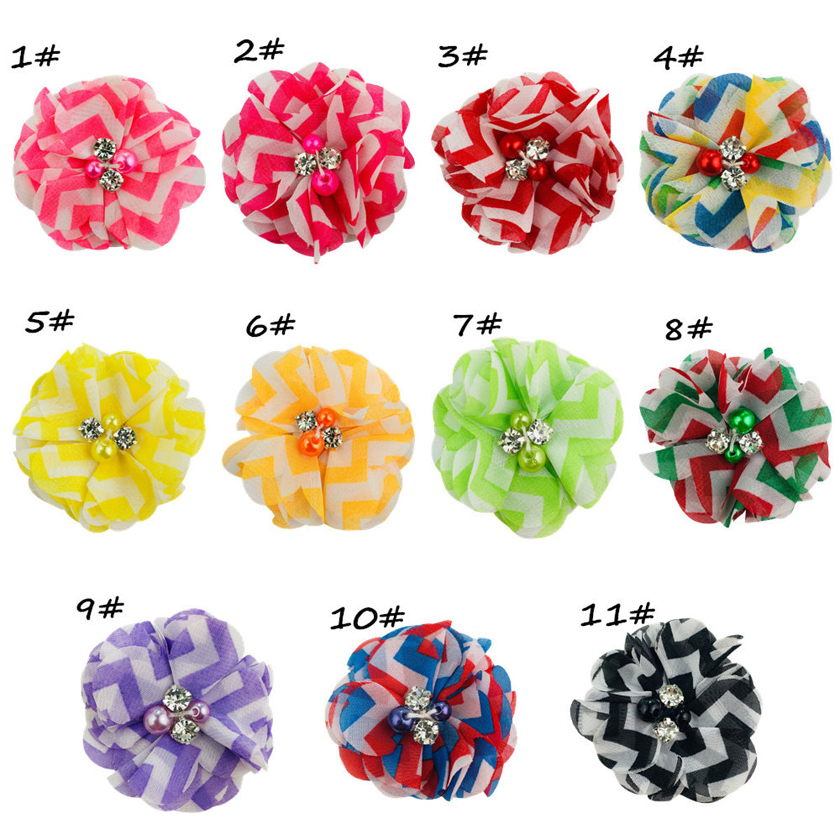 50 Pcs of 2.5" Chevron Chiffon Flower Pearl Rhinestone -U Pick