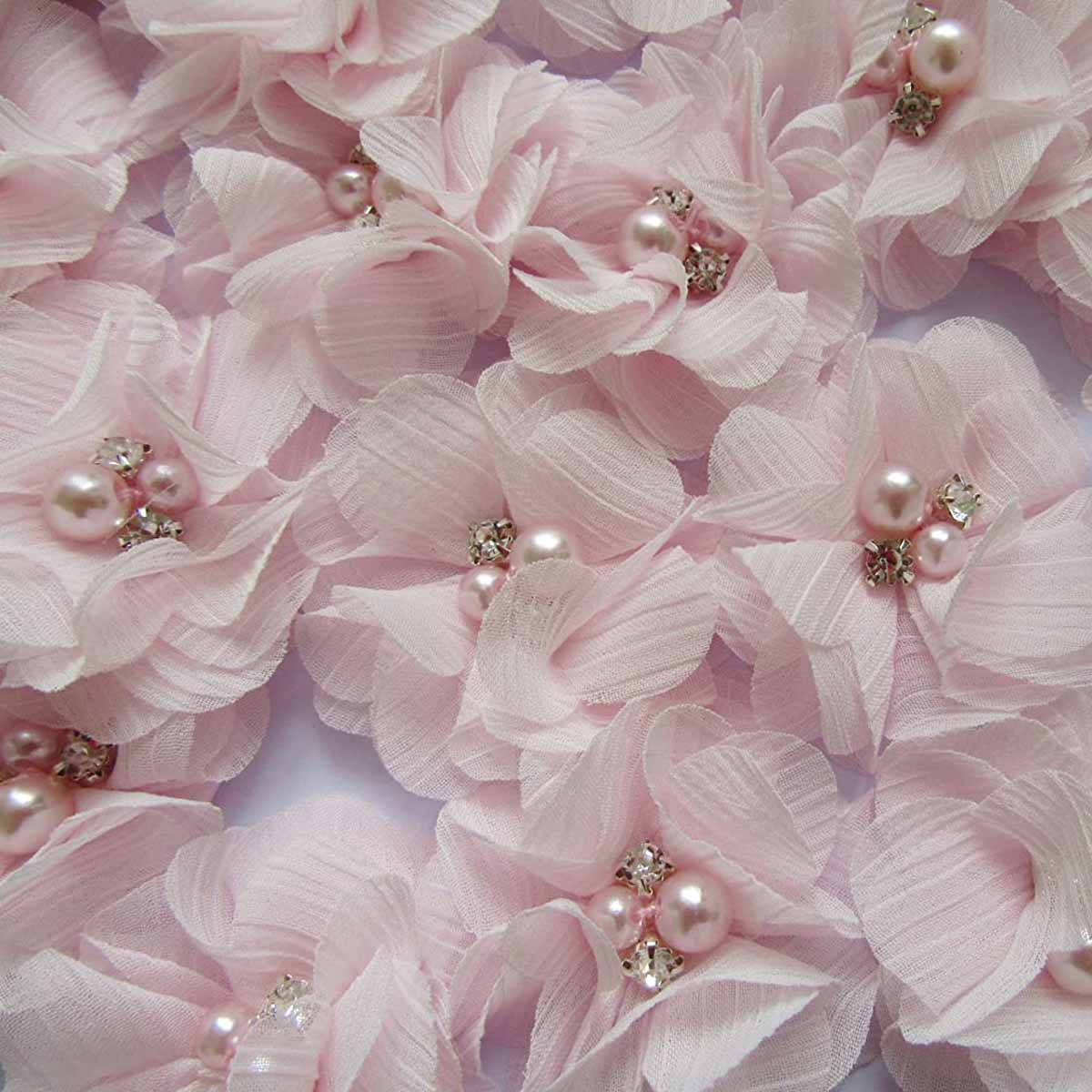 20 Chiffon Silk Flower Fabric Flower Rhinestone Pearl 2"-Baby Pink