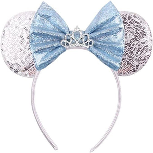 Sequin Mouse Ears Headband-Silver & Blue bow