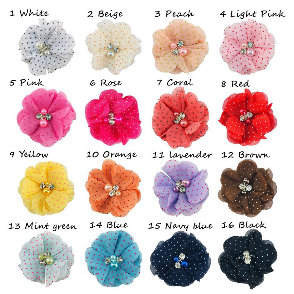 50 Pcs of 2" Polka Dots Chiffon Flower Rhinestone/Pearl XFDDFZ5-U  Pick