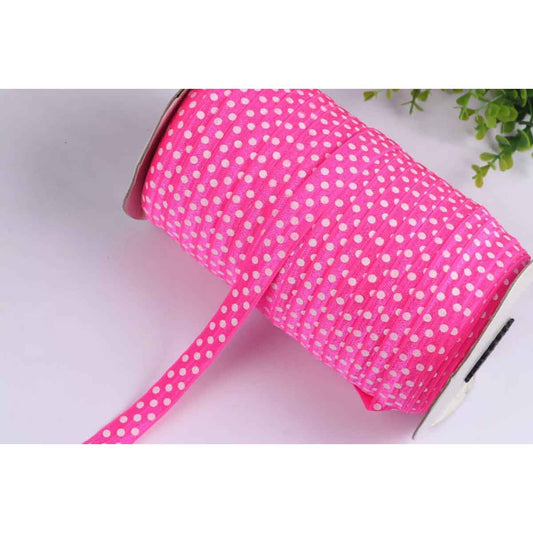 “One Roll”100Yards Polka Dots Elastic Ribbon 5/8″-Shocking Pink/White Dots
