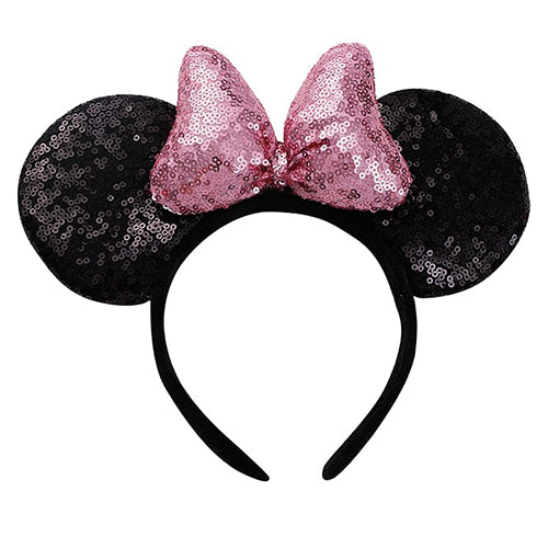 Sequin Mouse Ears Headband-Black & Pink bow