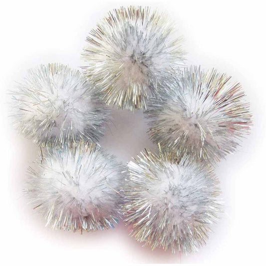 30pcs Glitter Tinsel Pom Balls 1.5" - White/Silver