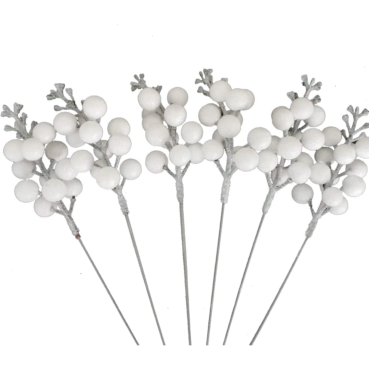 16 Pack Glitter Artificial Berries Stems- White