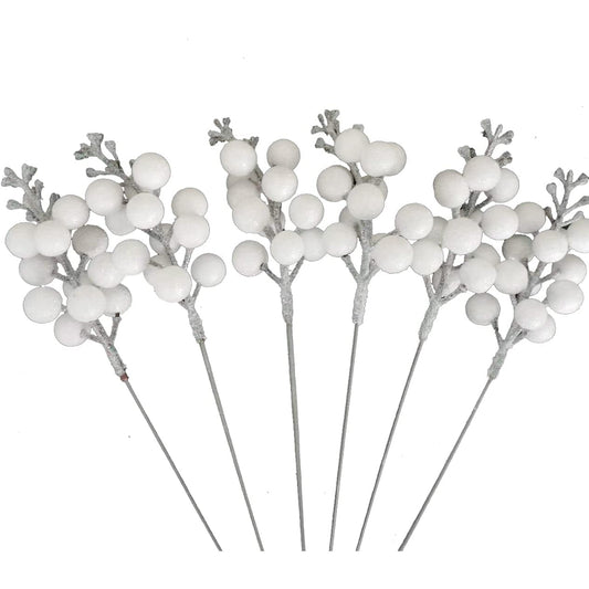 16 Pack Glitter Artificial Berries Stems- White