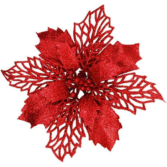 12pcs Glitter Poinsettia Flowers 6“- Red