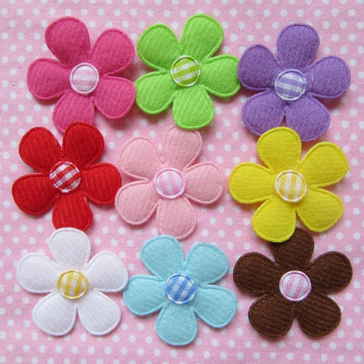 30 Padded Spring Felt Flower with Gingham Centre Appliques-9 Colors