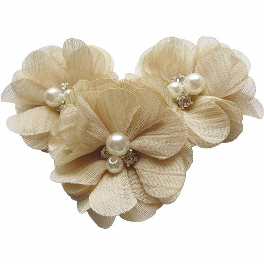 20 Chiffon Silk Flower Rhinestone Pearl 2" - Beige