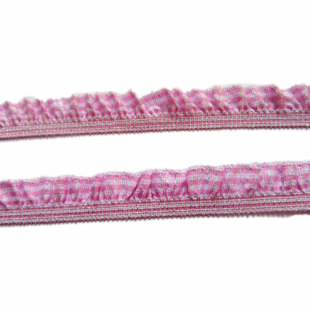 15 Yards Gingham Ruffle Elastic Ribbon Trim,3/4" Wide - Glitter Pink