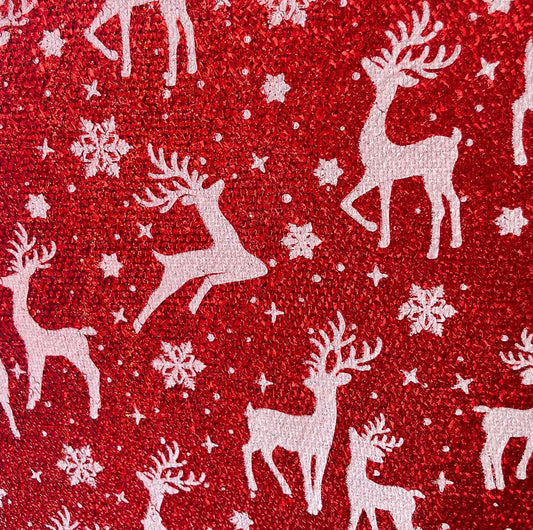Sparkling Tinsel Lurex Fabric by The yard Seasonal Fabric-Red with Reindeer
