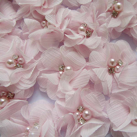 20 Chiffon Silk Flower Fabric Flower Rhinestone Pearl 2"-Baby Pink