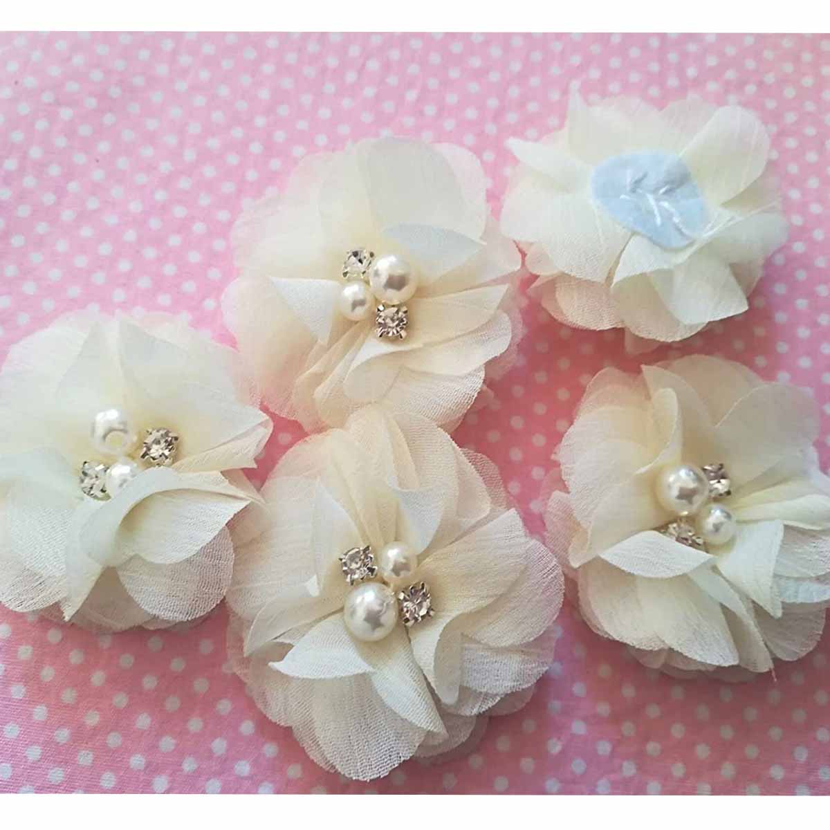 20 Chiffon Silk Flower Rhinestone Pearl 2" - Ivory