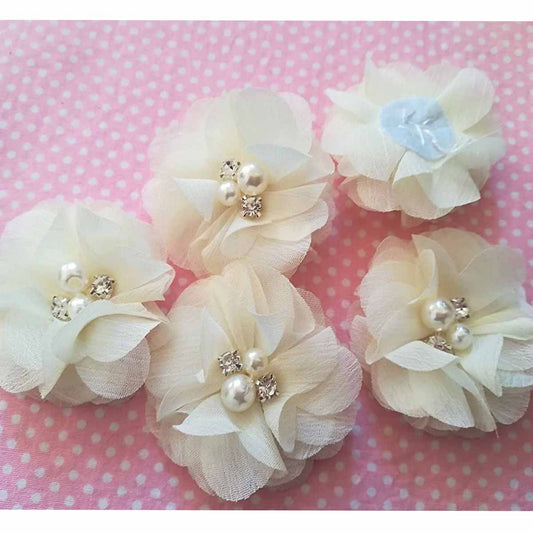 20 Chiffon Silk Flower Rhinestone Pearl 2" - Ivory