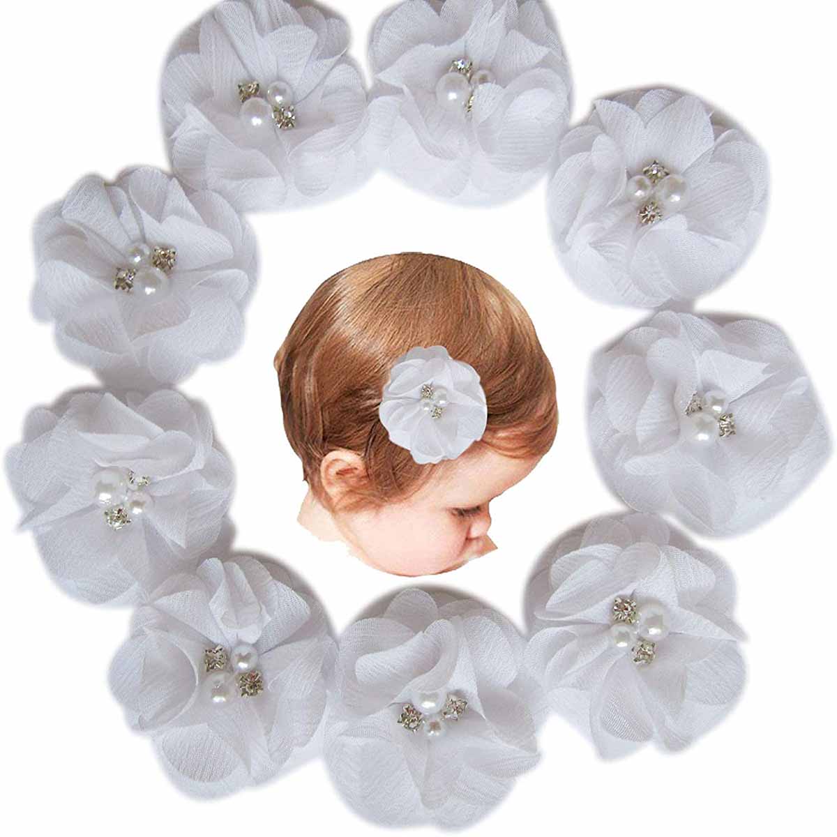 10 Chiffon flower Rhinestone  with Clips-White