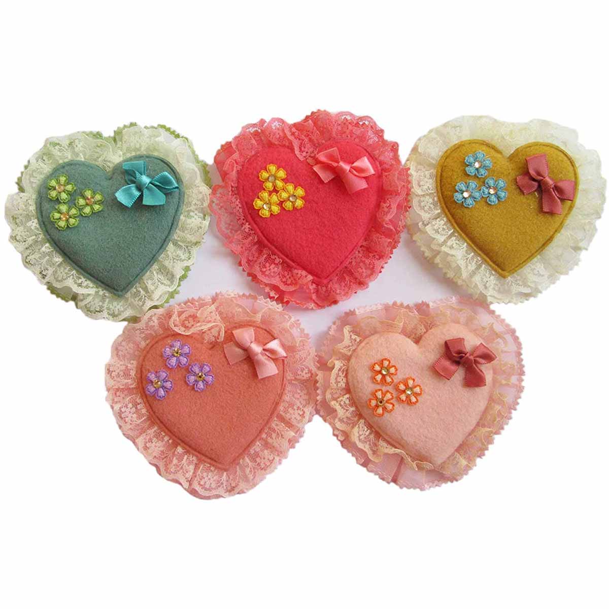 15pcs Padded Heart w/Flower/Bow Lace Edge 4″-5 Colors
