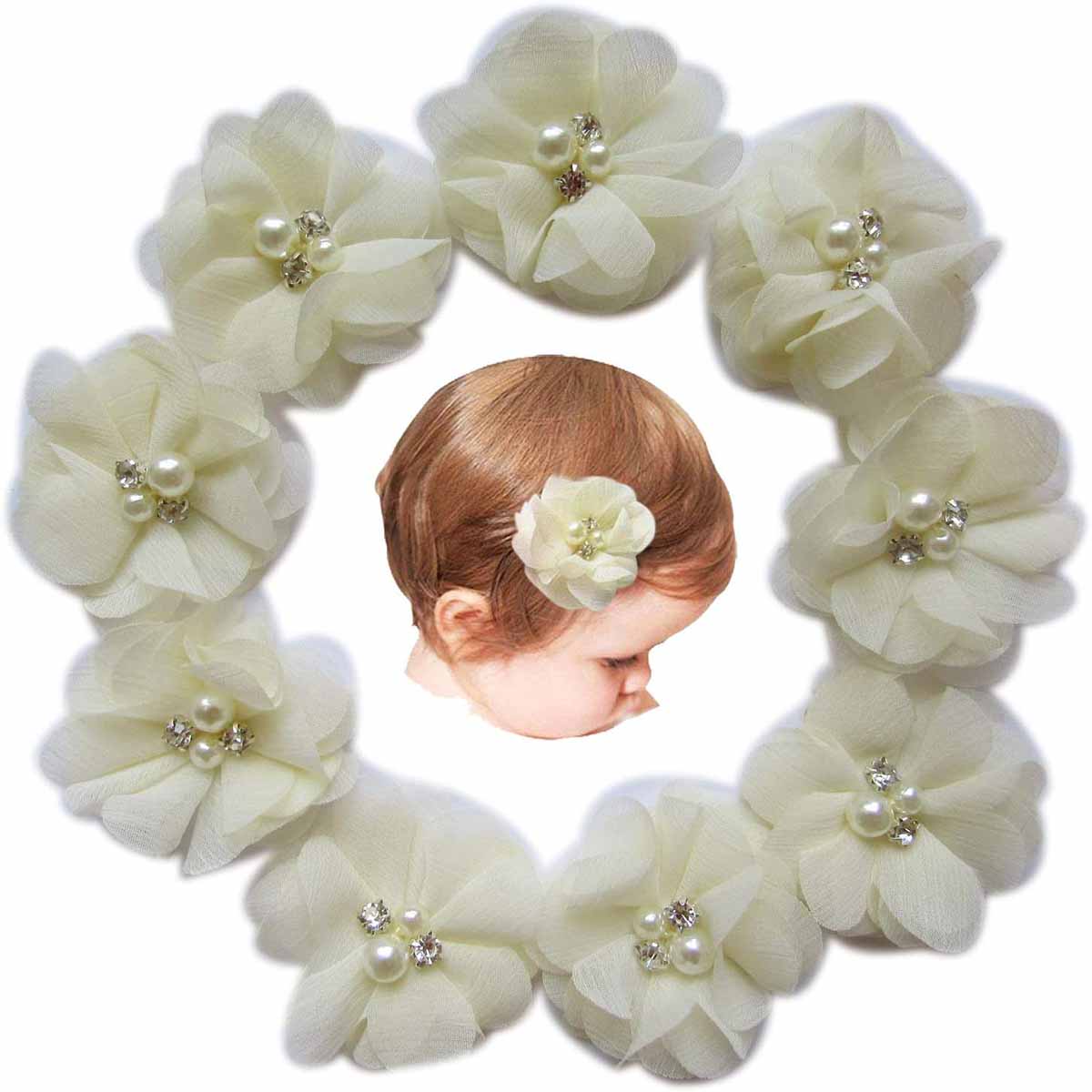 10 Chiffon flower Rhinestone  with Clips-Ivory