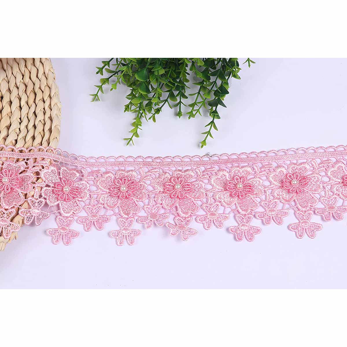 2 Yards Two-layer Flower Lace Trim 3.5″ Wide-Baby Pink