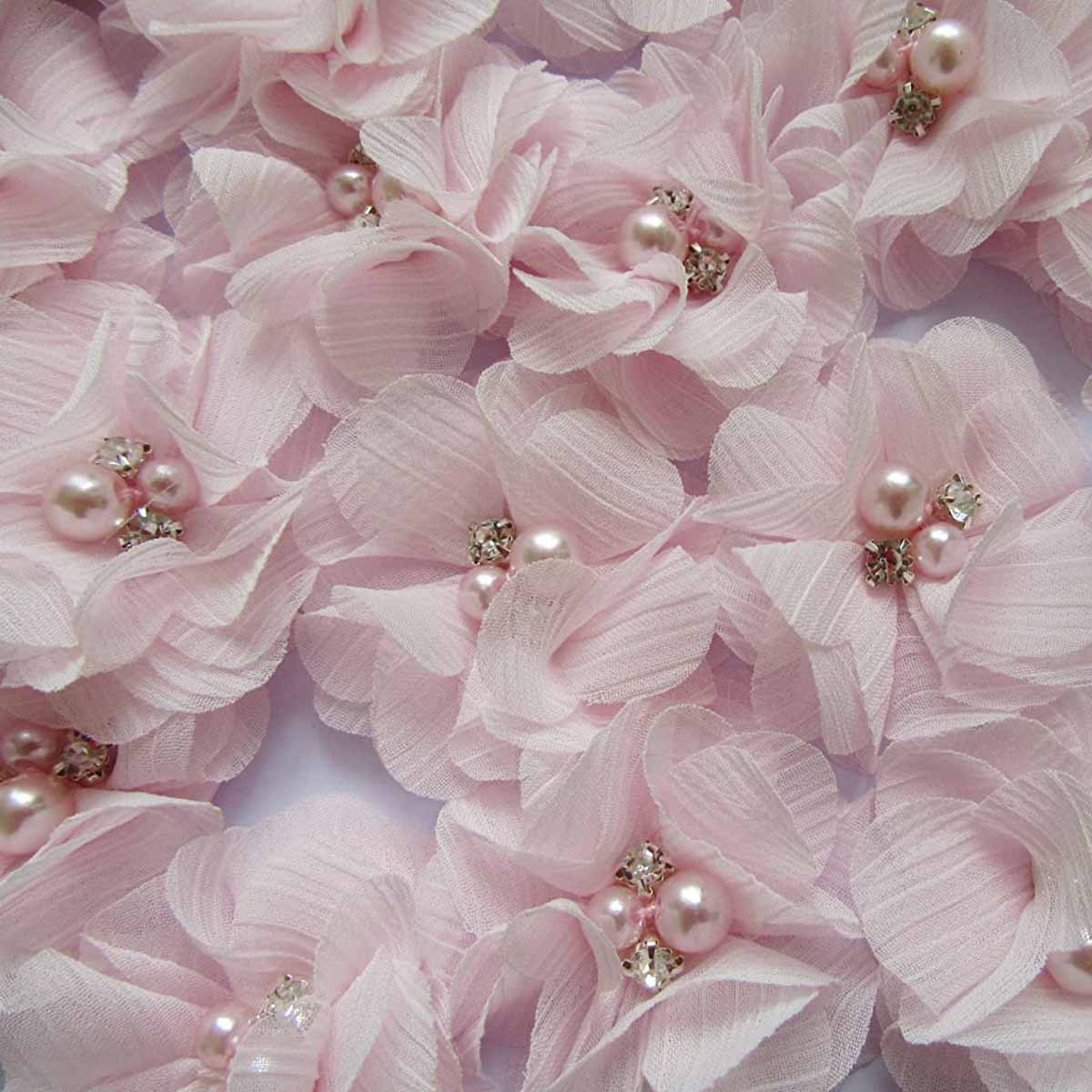 20 Chiffon Silk Flower Rhinestone Pearl 2″
