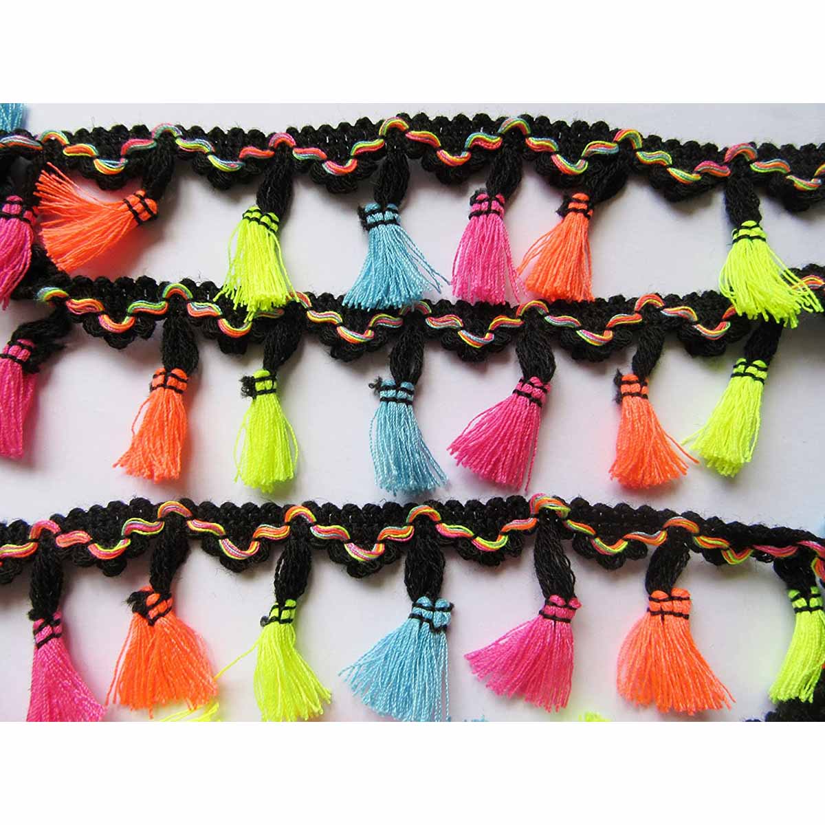 6 Yards Tassel Trim Cotton Fabric Ribbon Fringe-Black Rainbow