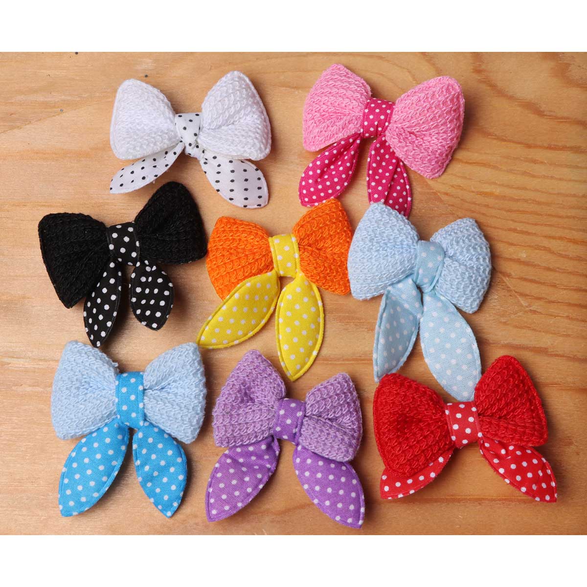 24 Crochet Bow W/dots tie Appliques 2.5″-8 Colors