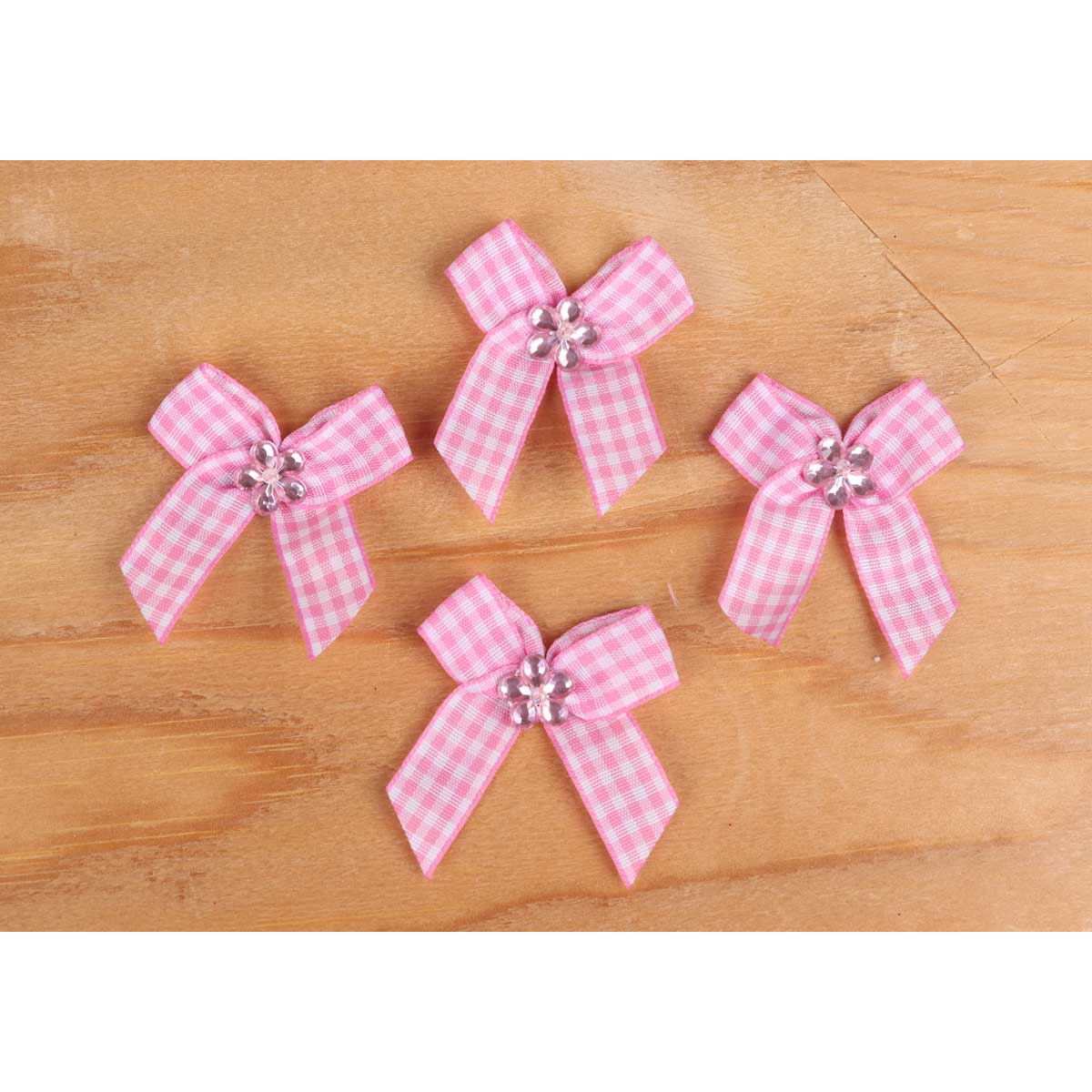 60 Gingham Ribbon Bow w/bead 1.5″-Pink