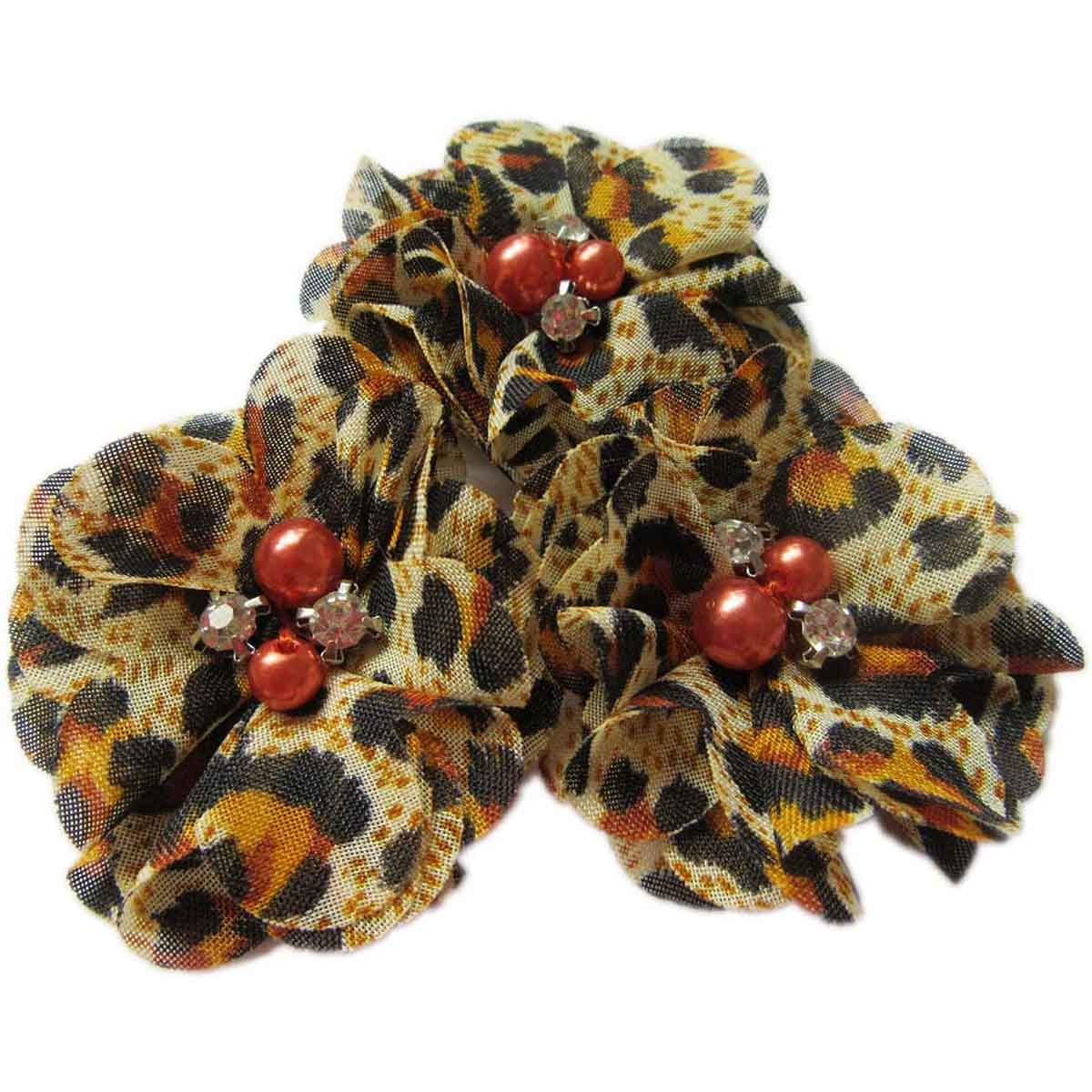 20 Pieces Leopard Chiffon 2″ Flower Rhinestone Pearl