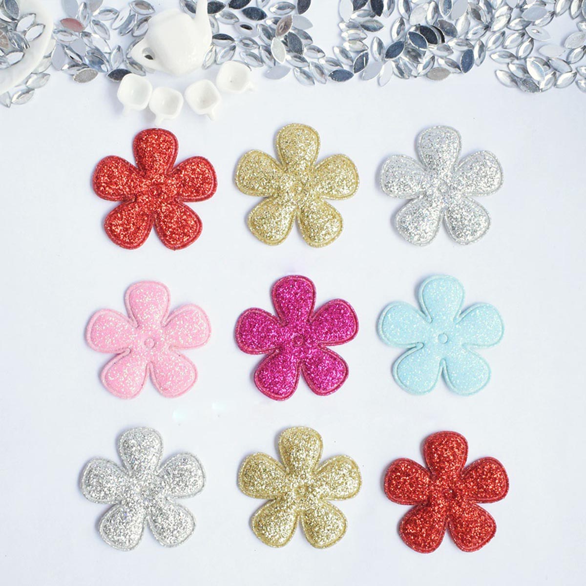 120 Padded Glitter Flower 1.5″- 6 Colors