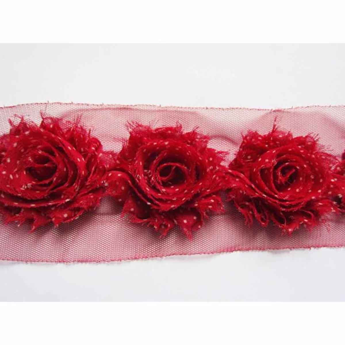 7 YARDS Polka Dots Shabby Chiffon Flower Trim 2.5″-Dark Red