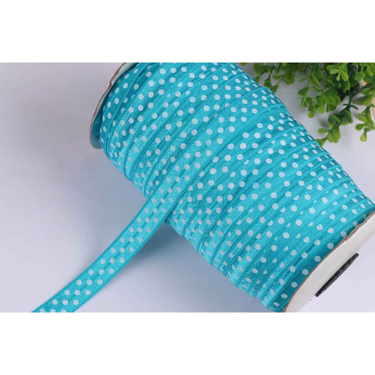 “One Roll”100Yards Polka Dots Elastic Ribbon 5/8″-Turquoise/White Dots