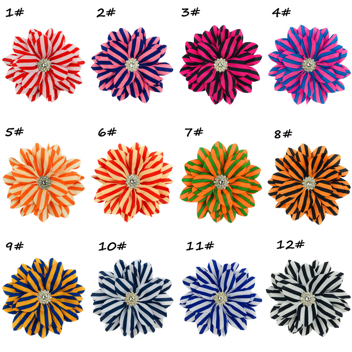 20 Pcs of 3.5″ Handmade Fabric Stripe Flower Rhinestone TWKX9-U  Pick