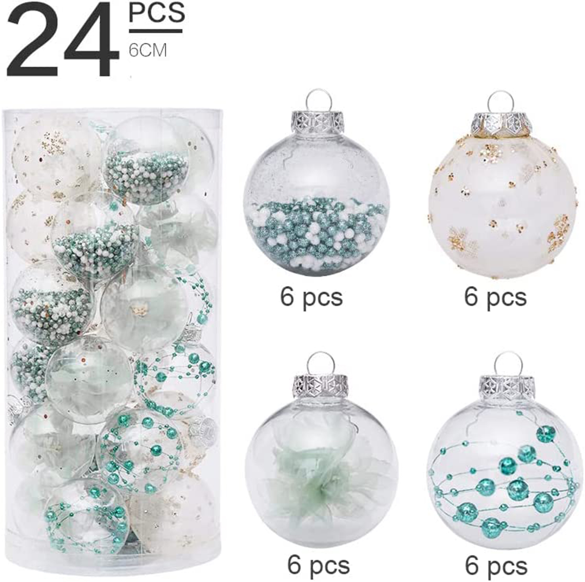 24 PCS Clear Christmas Ball Ornaments 6CM-Mint/Ivory
