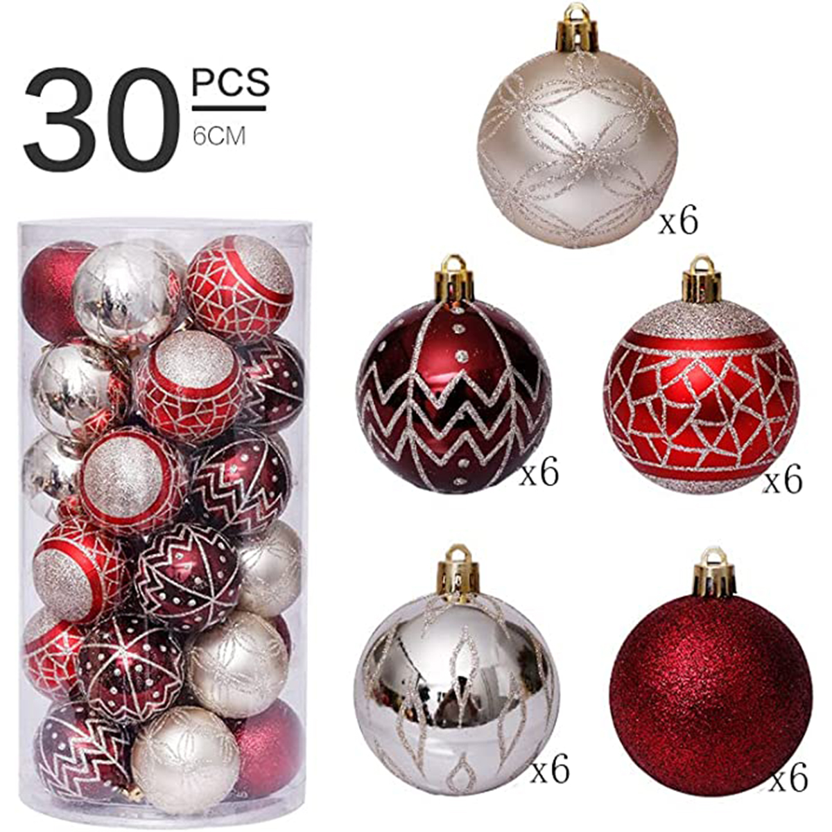 30 Pcs Painting Shatterproof Christmas Ball 6CM,Burgundy/Silver